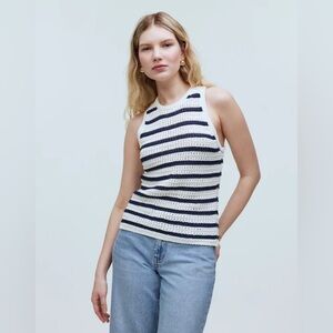 Madewell Crochet-Knit Crewneck Sweater Tank in Ivory and Navy Size XXS